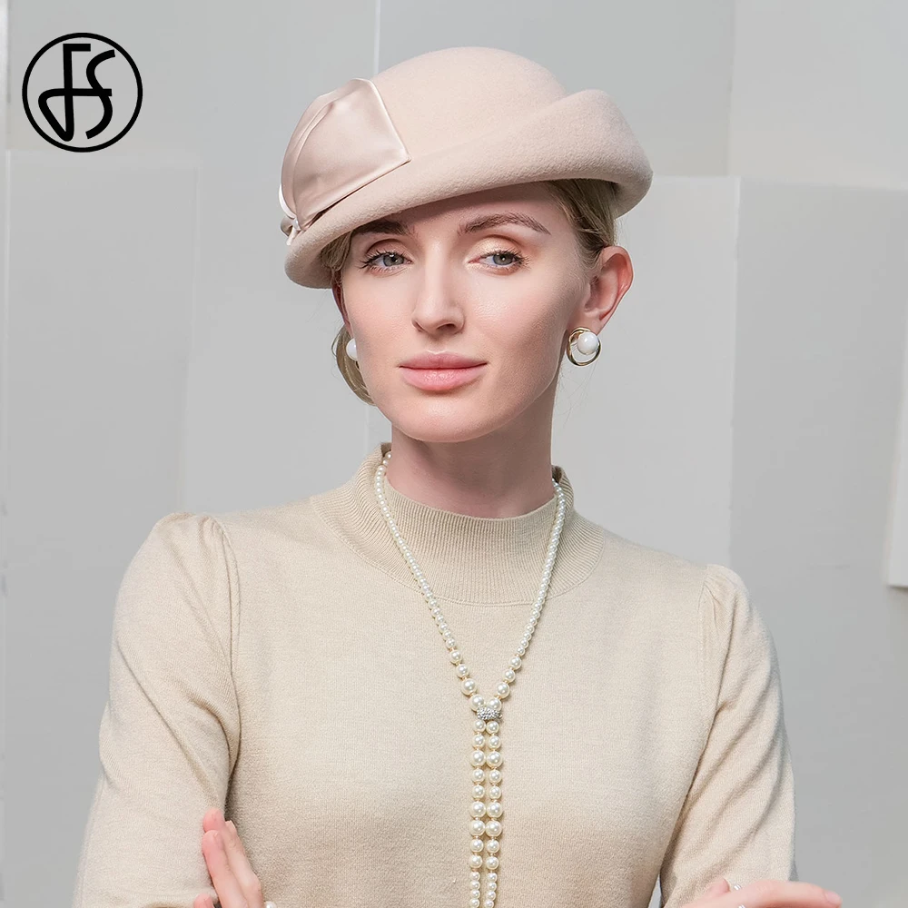 FS 2024 Winter Elegant Beret Fascinator Camel Little Top Hats For Women 100% Wool Felt Fedora British Fashion Black Millinery