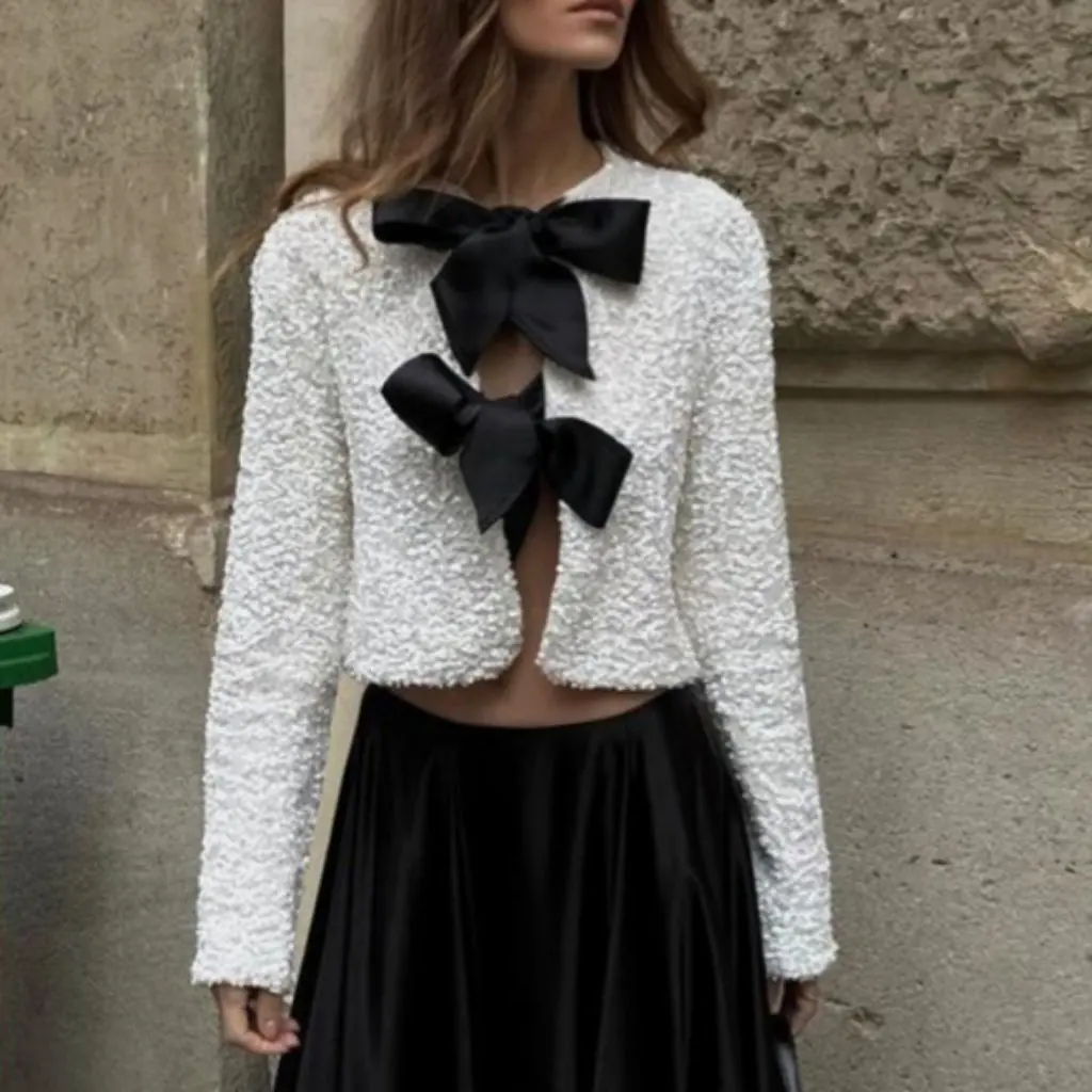 

Spring New Women's Tricolor Bow Tie Sequin Short Coat Top European American Style Fashion for Ladies