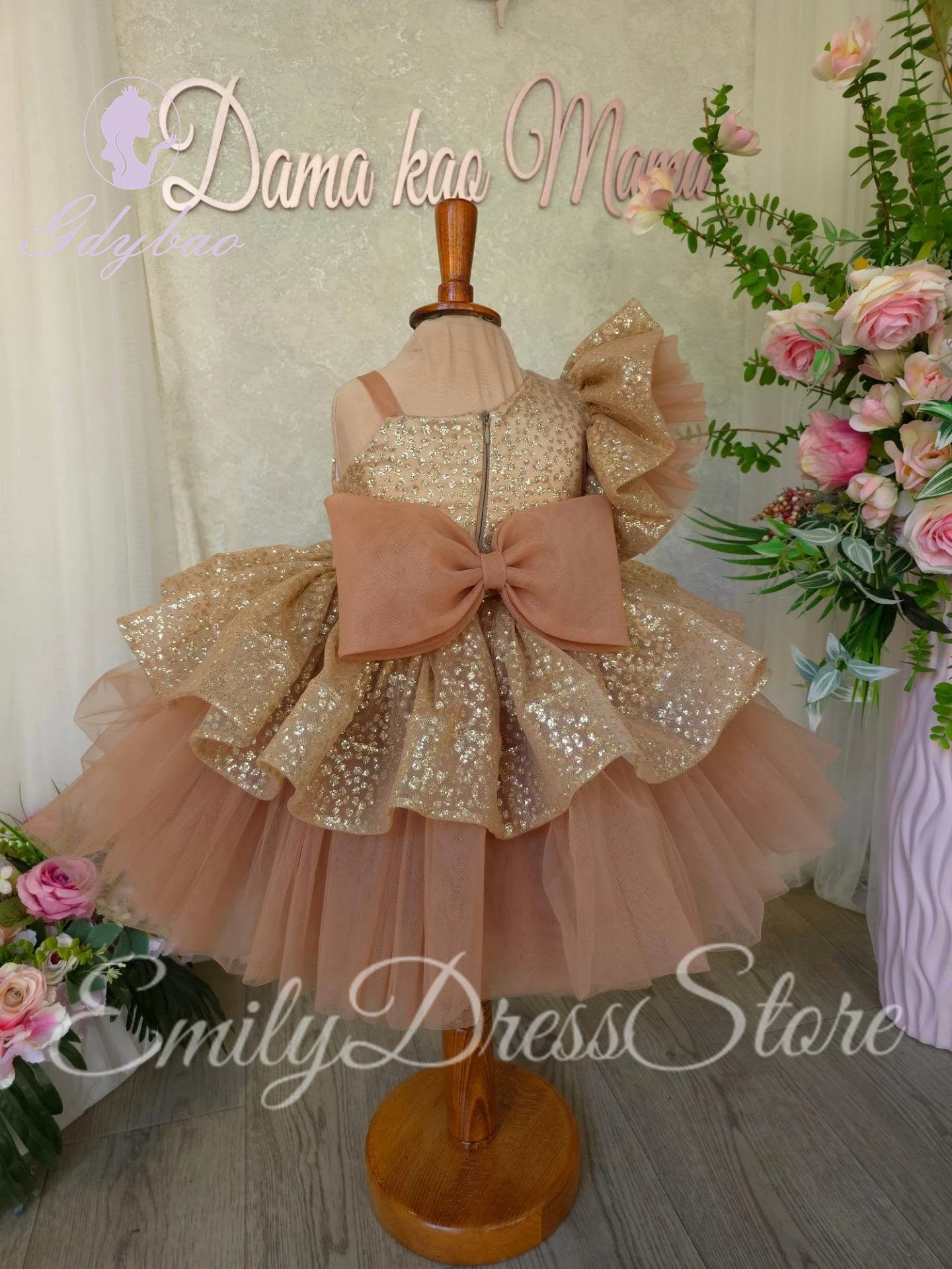 Customized Gold Flower Girl Dress For Wedding Sequins With Bow Elegant Puffy Tulle Baby Cute Kids Birthday First Communion Gown