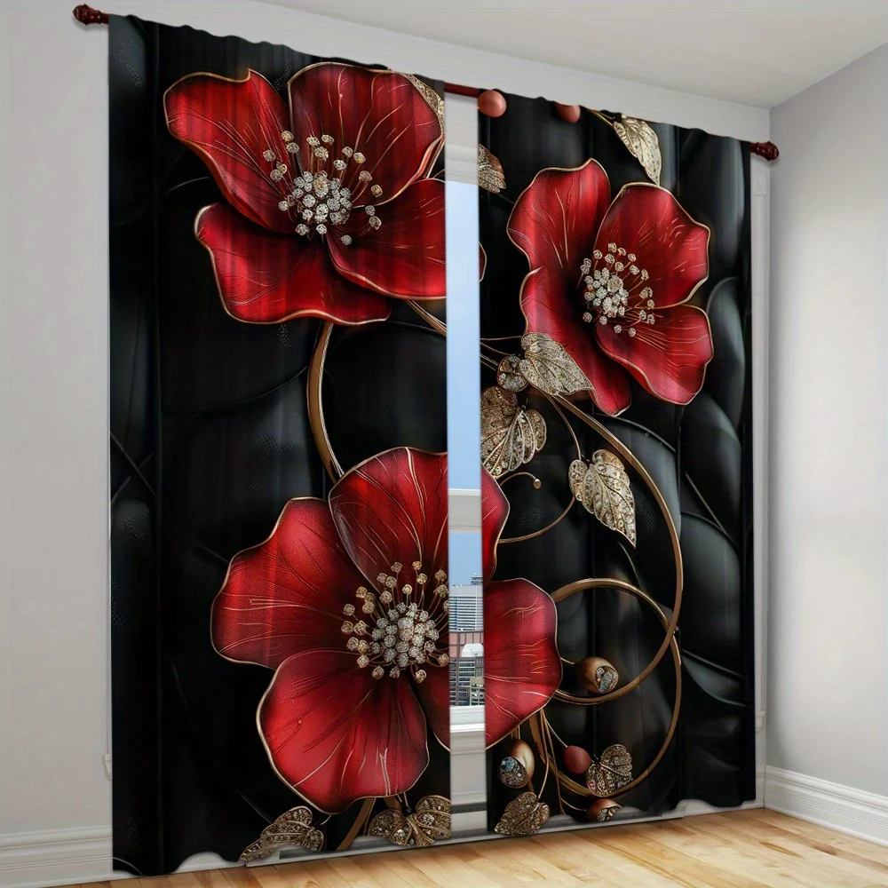 2pcs Semi-Blackout Curtains with 3D Flower Design Polyester Woven Knit Panels for Bedroom Living Room Office Window Rod Pocket