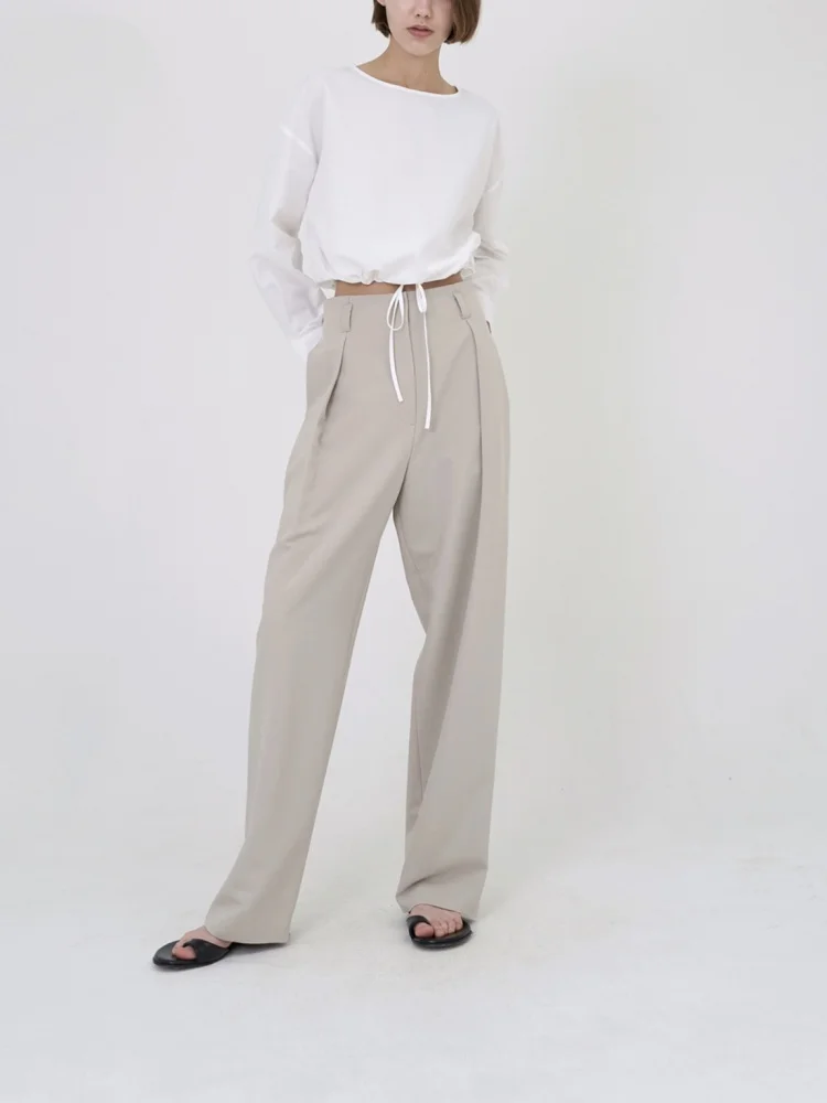 

Women Loose High Waist Pleated Straight Casual Suit Pants Solid Color Trousers New Autumn
