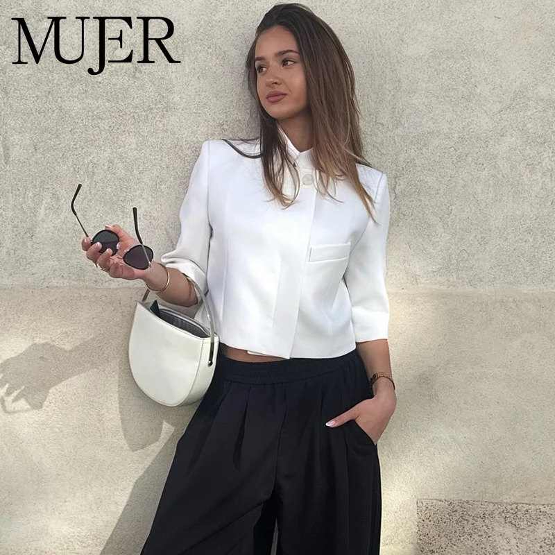 MUJER Weiße Cropped-Jacke für Damen, Kurzarm, Büro-Damenmäntel, Sommer-Neuheiten in Mänteln und Jacken für Frauen, Streetwear-Jacken