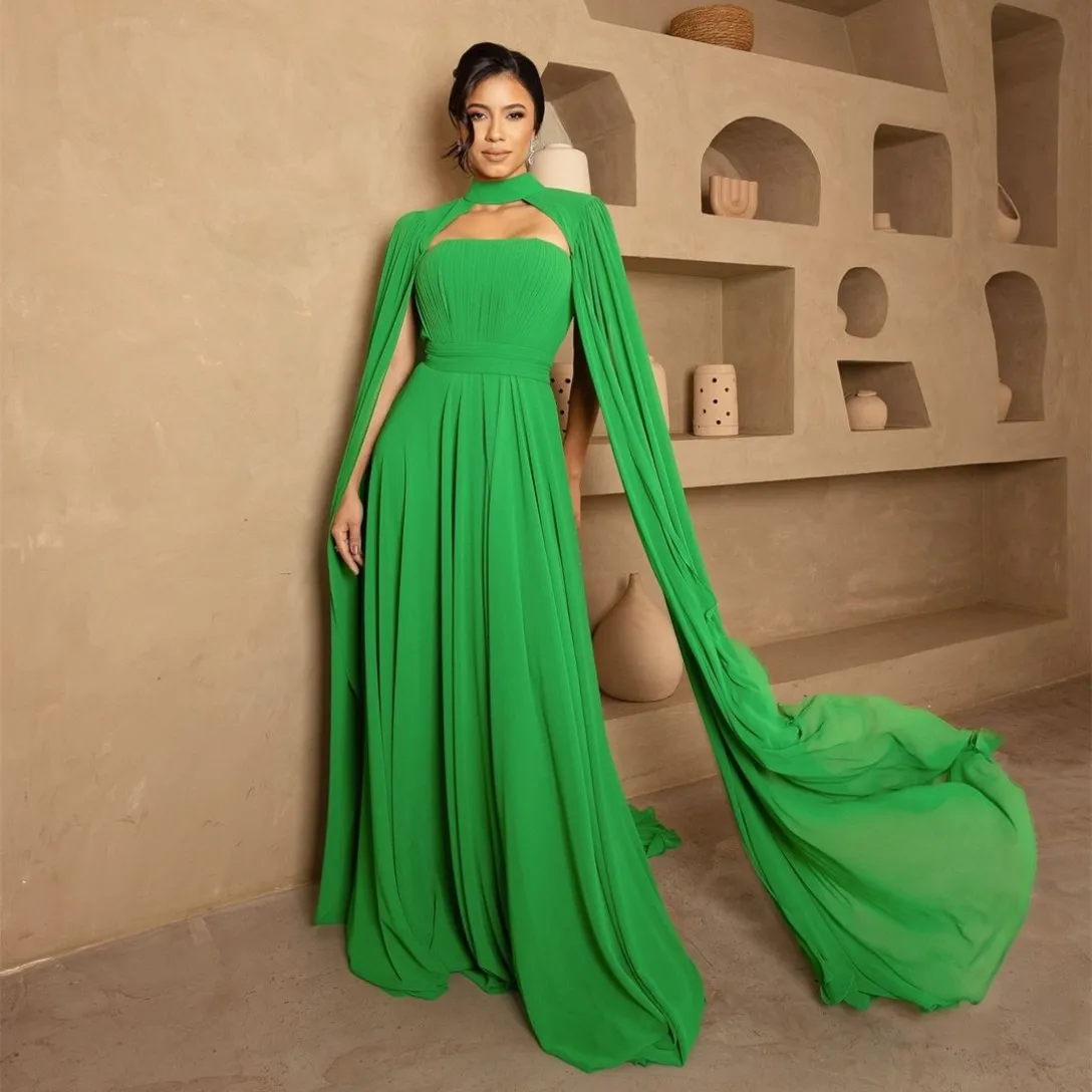 Customized Long Halter Green Evening Dresses with Cape A-Line Chiffon Pleated Floor Length Zipper Back Prom Dress for Women