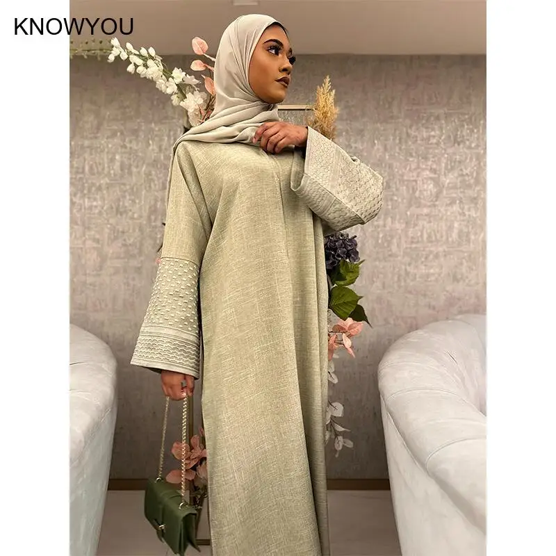 

Muslim Embroidered Robe Long Sleeve Abaya Without Hijab Slamic Eid Clothes Dress Casual Maxi Dress Dubai Modest Muslim Coat