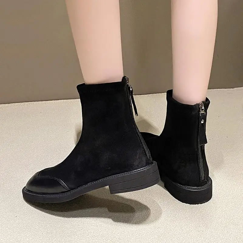 Zip posteriore Tacco piatto Cerniera Scarpe rock Donna Stivali autunnali Stivali-Calzature invernali da donna Chelsea 2024 Caviglia da donna Retro Flock