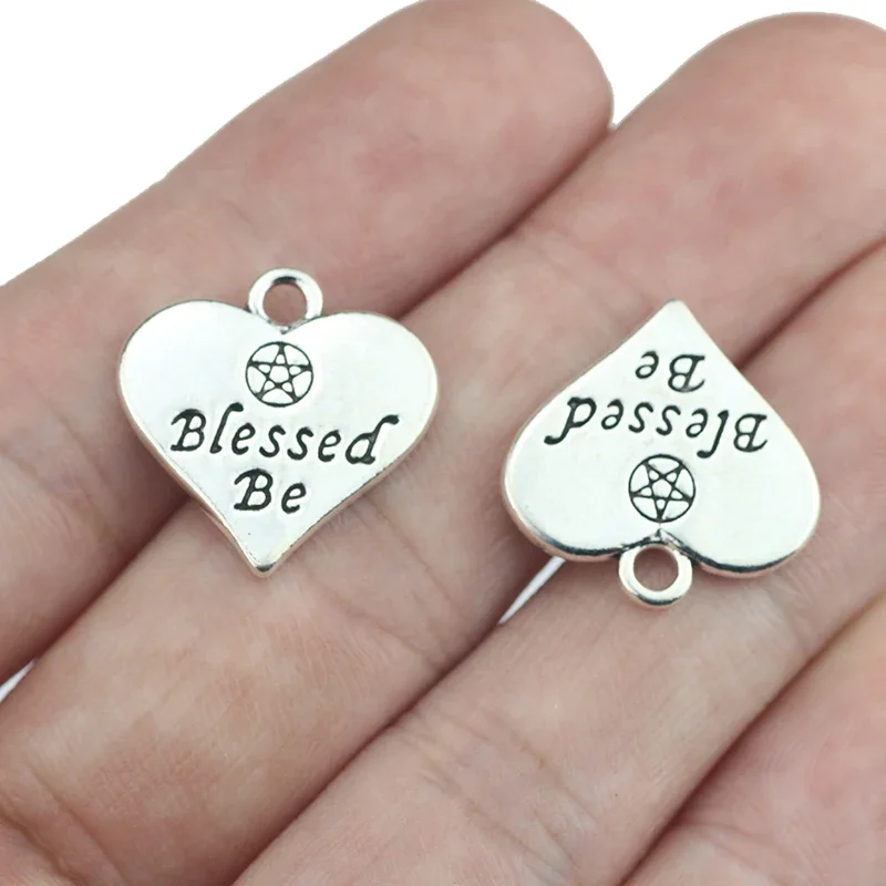 10 Piece 19*19mm Antique Silver Plated Letter Heart Charm Blessed Be Message Pendant For DIY Lucky Jewelry Making