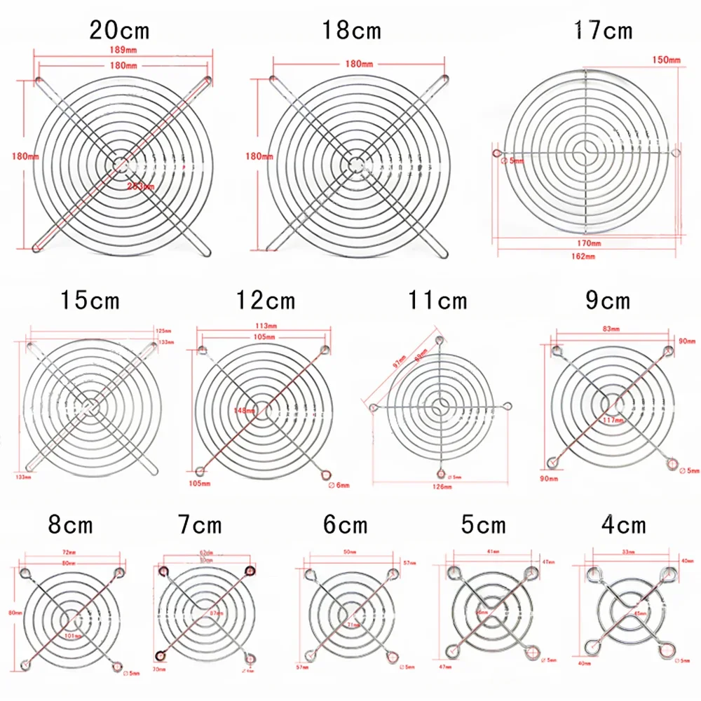 Boîtier métallique pour ventilateur de refroidissement, filet de protection en fer, 3cm, 4cm, 5cm, 6cm, 7cm, 8cm, 9cm, 11cm, 12cm, 15cm, 17cm, 18cm, 20cm