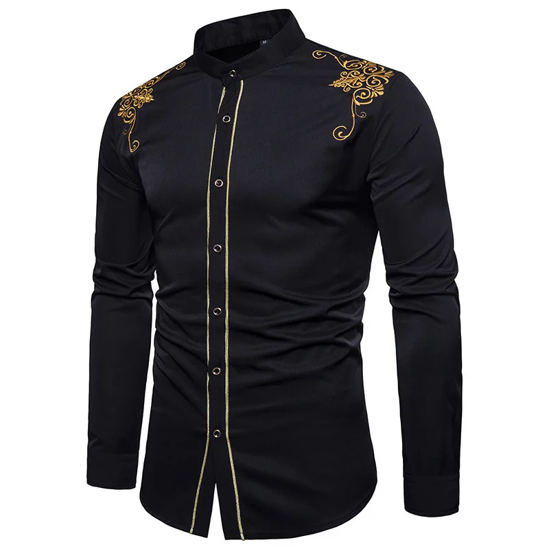 Spring Men's Court Print Slim-fit Long-sleeved Shirt Casual Stand-up Collar Long-sleeved Shirt