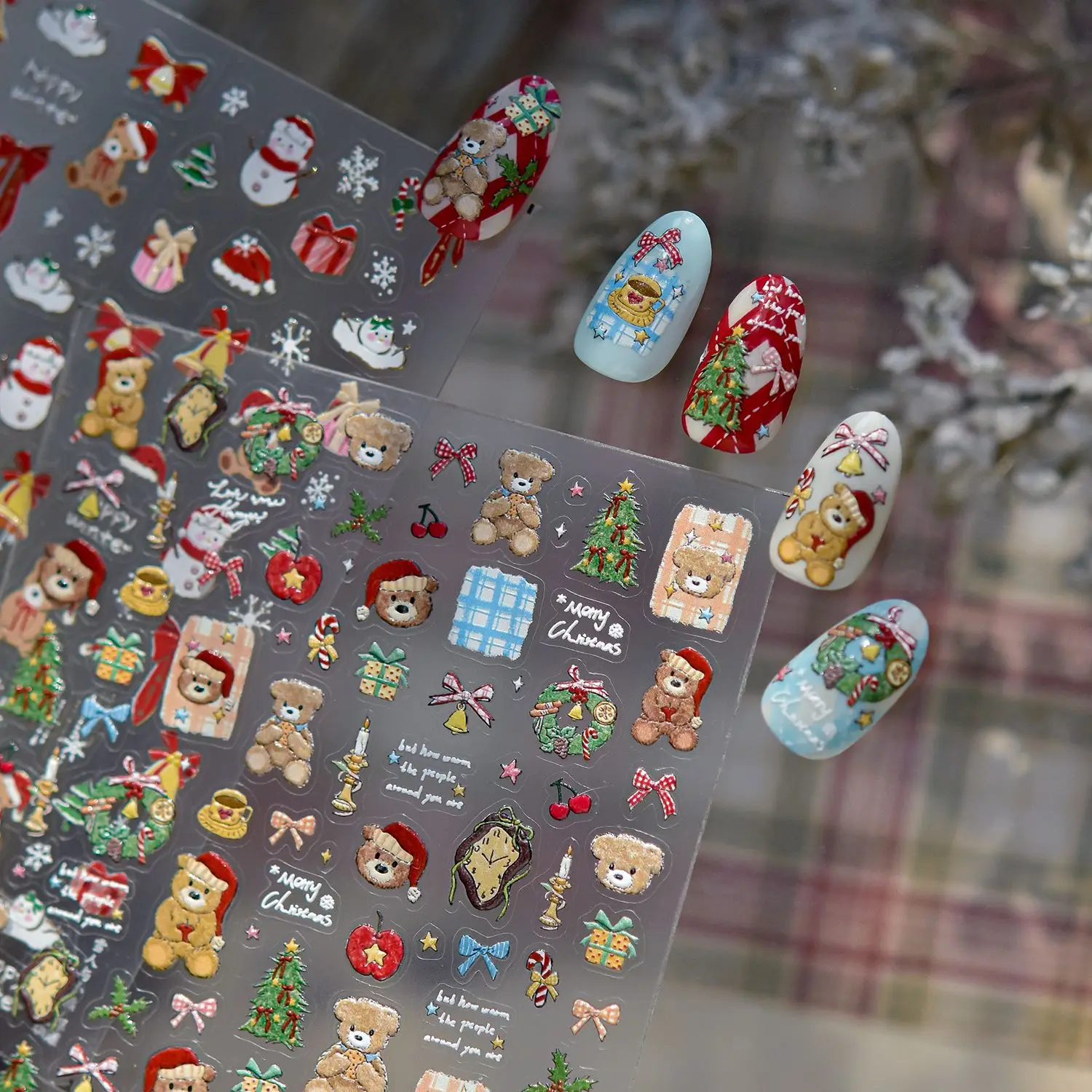 5D Embossed Nail Stickers Winter Red Christmas Bear Self Adhesive Nail Art Stickers DIY New Year Manicure 3D Decorations Decals