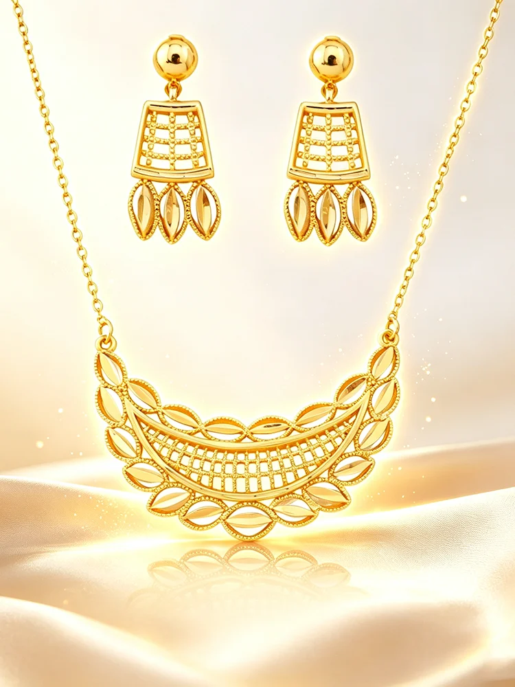 金メッキ中空リーフグリッドペンダントネックレスドロップイヤリングジュエリーセット女性用ヴィンテージエスニックウェディングパーティーブライダルジュエリーギフト 1