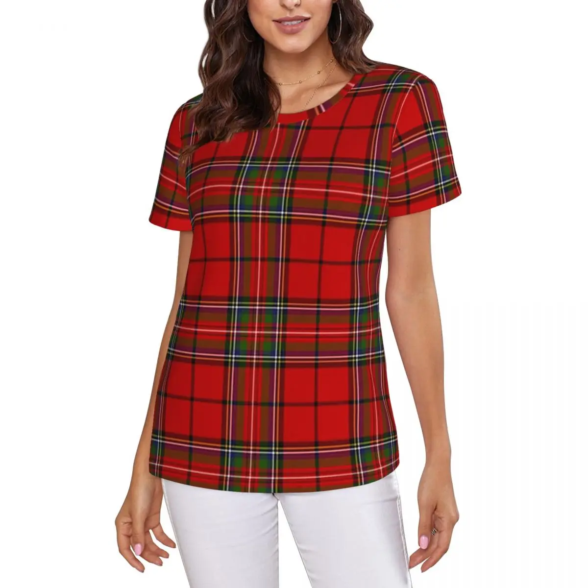 Red Plaid Royal Stewart Of Galloway Tartan T-Shirt Women Short Sleeve T Shirts O-Neck Streetwear Cotton Summer Tees Streetwear