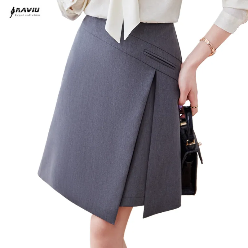 

NAVIU New Autumn Mini Skirts Women Elegant Gray Black Pleated Split Female Outfits Zipper Midi Skirt Office Lady Clothes