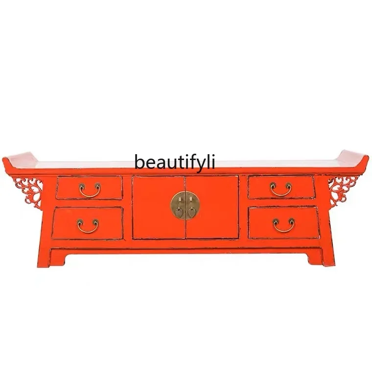 

New Chinese-style roll head TV cabinet solid wood antique low cabinet old living room decorative cabinet A15