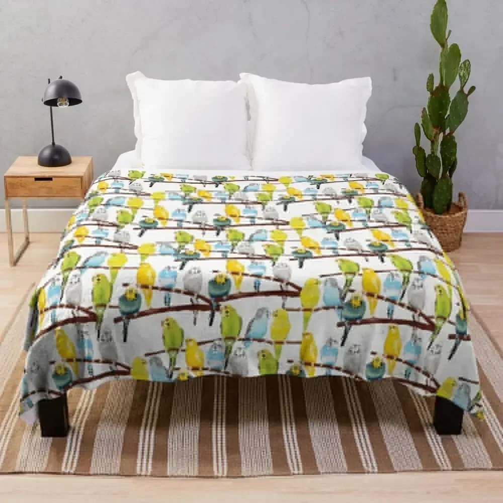 

Budgie pattern watercolour Throw Blanket Spring Fall Cozy Throw Blanket for Couch