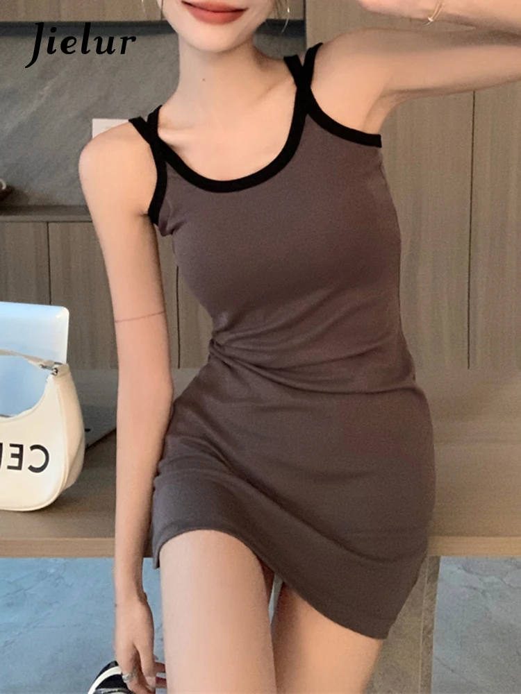 Jielur Sexy Casual Sport Tight Hip Women's Dresses Summer Slim Backless Spell Color Simple Fashion Female Dress Slight Stretch