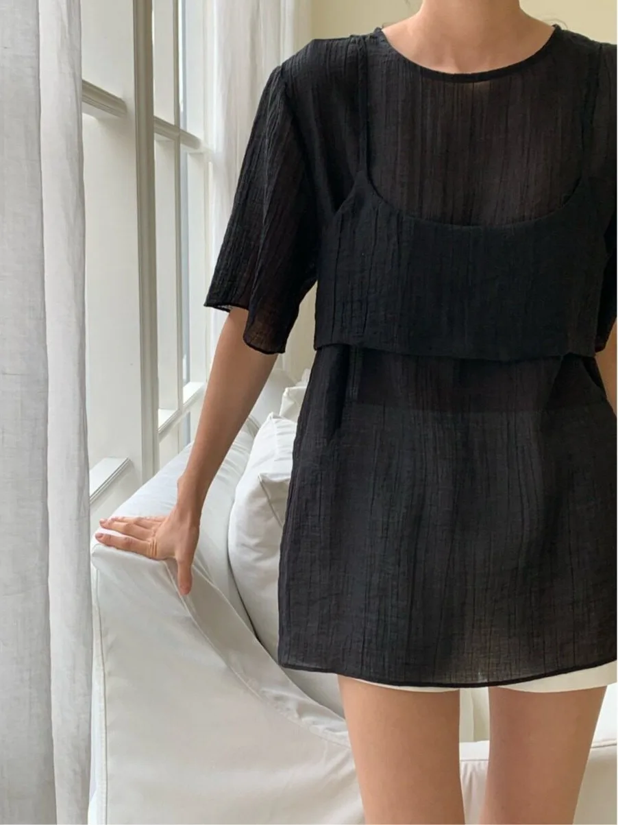 Women's Summer New Folded Short Sleeve Chiffon Tank Top And Vest Two-Piece Set Transparent Micro-Light Korean Style Inner Wear