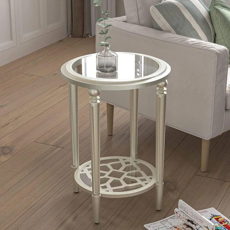 Modern Round End Table, 2-Tier Champagne Side Table with Tempered Glass Tabletop, Wood Accent Table with Storage Shelf