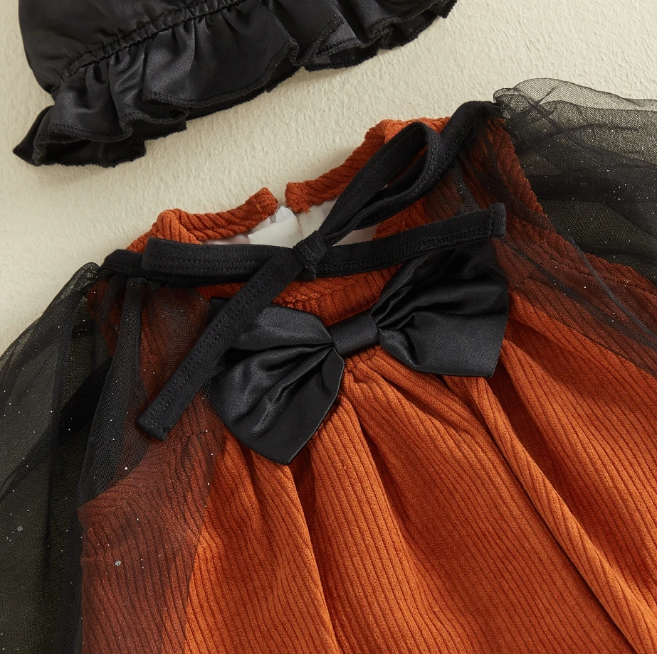 Fashion Baby Girl Halloween Costume Orange Sleeveless Corduroy Tops Cloak Witch Hat Halloween Cosplay