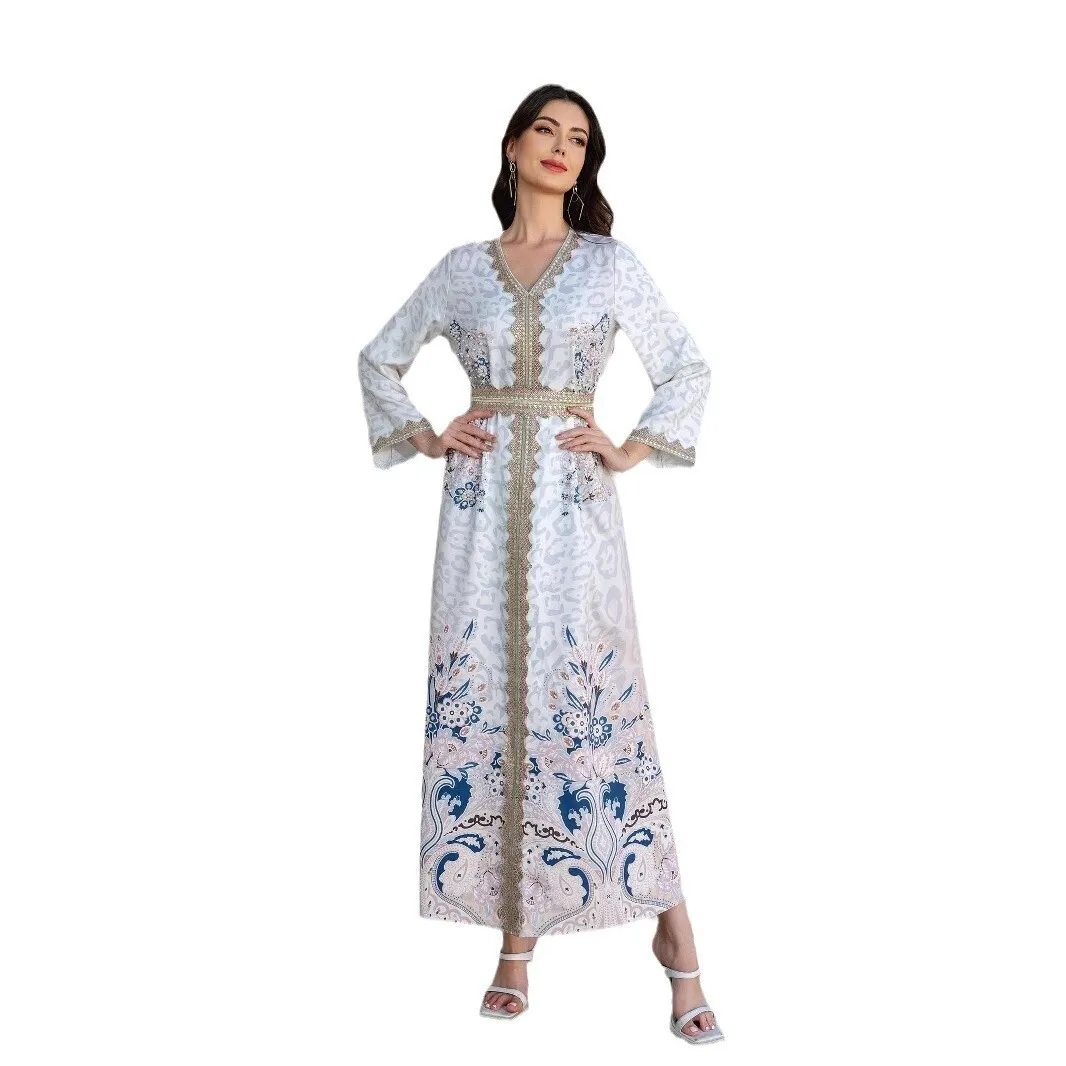 SW1105 Muslim V-neck Women's Robe Belt Lace Printed Diamond studded Bead Dress Abayas