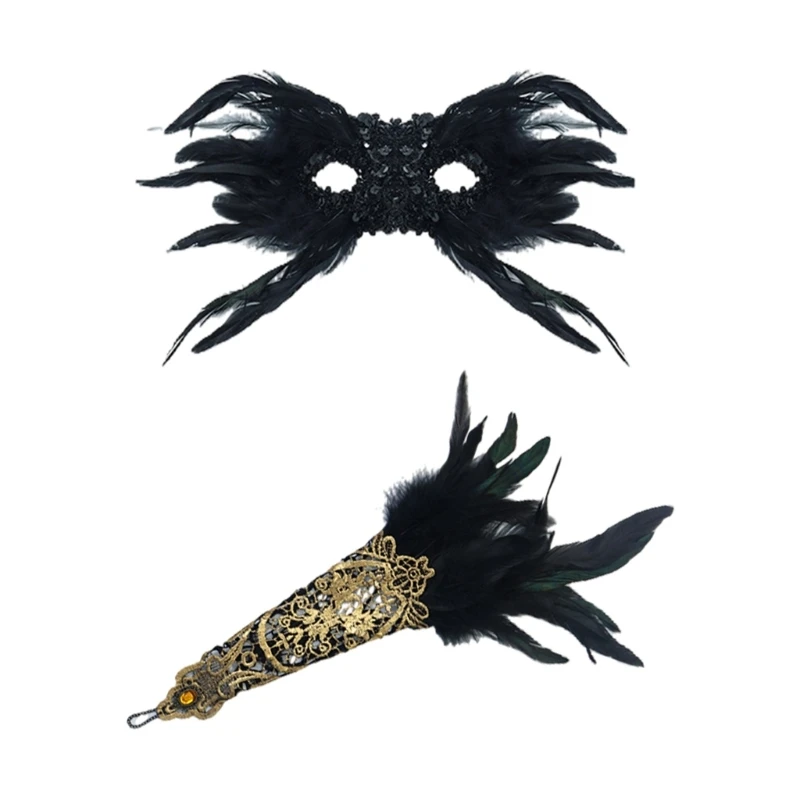 3 Pcs 20's Theme Set Masquerade Mask Long Gloves 1920s Accessories 20s Headpiece 1920s Gatsby Accessories Set Party Mask image 3