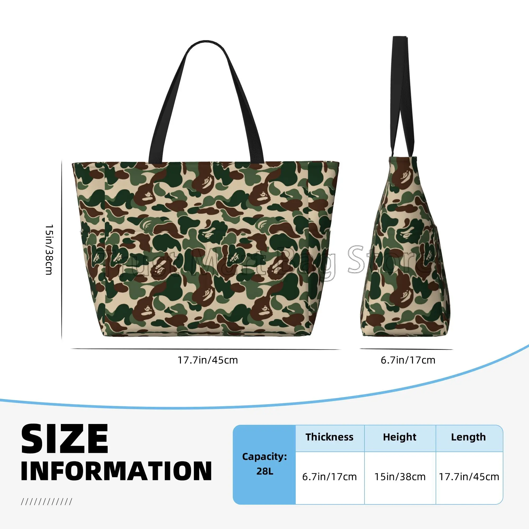 Green Camouflage Camo Large Waterproof Beach Bag for Women Sandproof Pool Tote Bag Reusable Handbags for Travel Vacation Swim