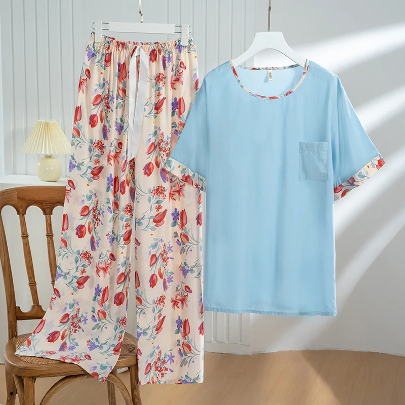 Cotton Rayon Pajamas For Women Spring Summer Sleepwear New Short Sleeved Long Pant Two-Piece Set Casual Printed Home Clothes