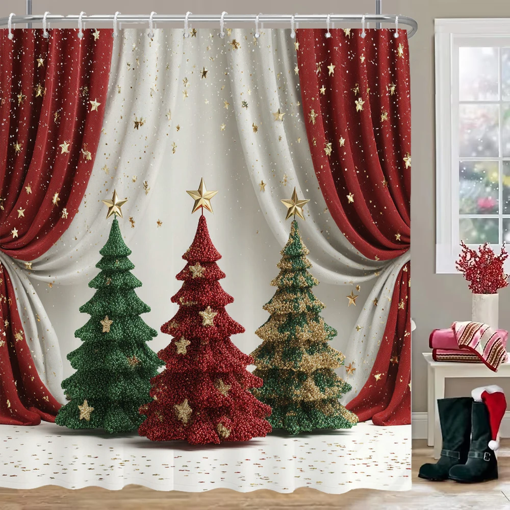 

Retro Christmas tree Shower Curtain Merry Christmas Bathroom Curtain with Hooks home for Christmas day decoration Curtain