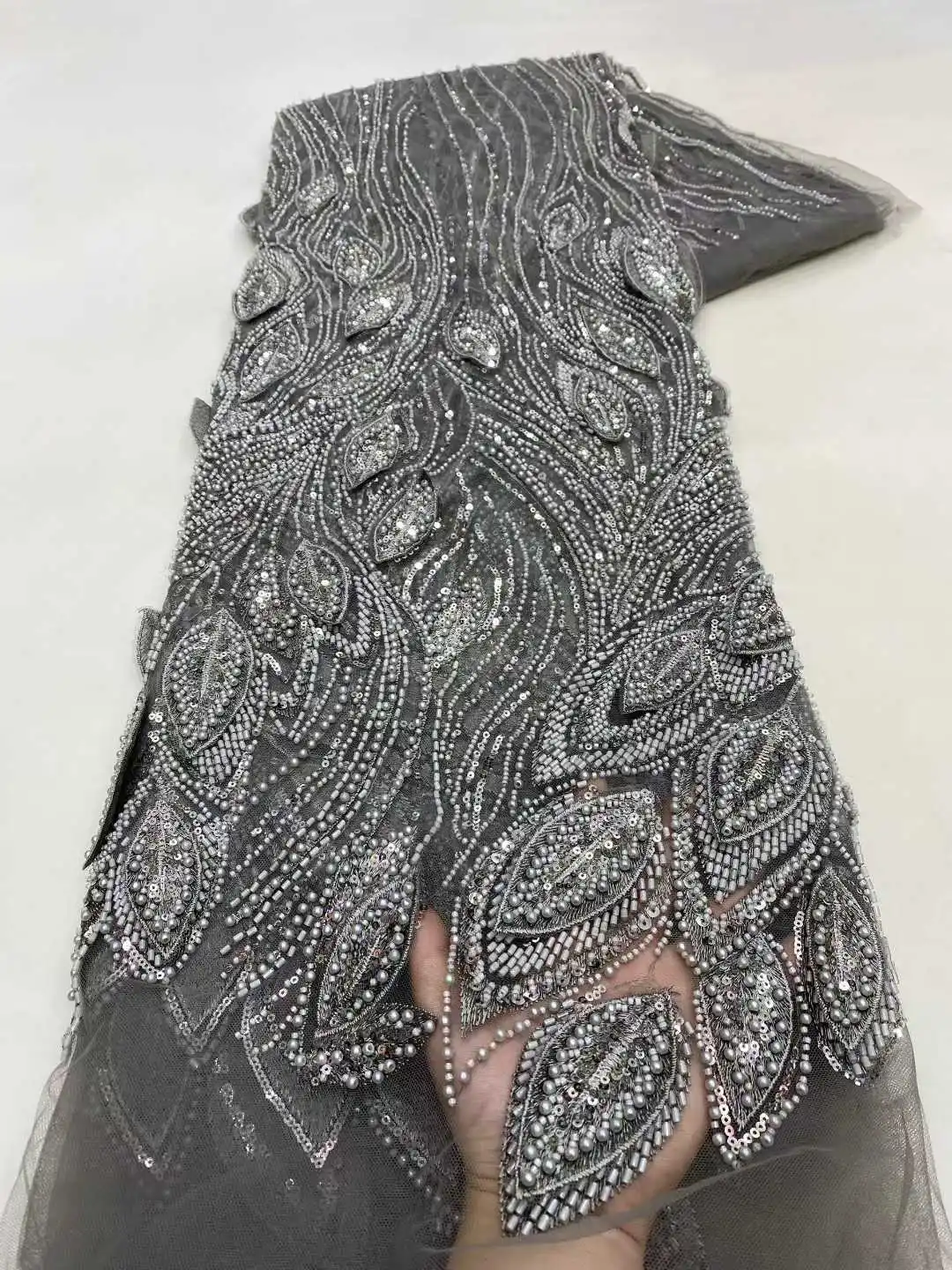 African Luxury Sequins Groom Lace Fabric High Quality French Nigerian Tulle Beaded Wedding Dress Fabric 2026 Hot Sale for Brides