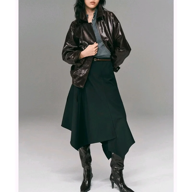 American Sle 여성용 패션 모터사이클 재킷 롱 슬리브 턴다운 칼라 코팅 가죽 코트 가을 겨울 신상품