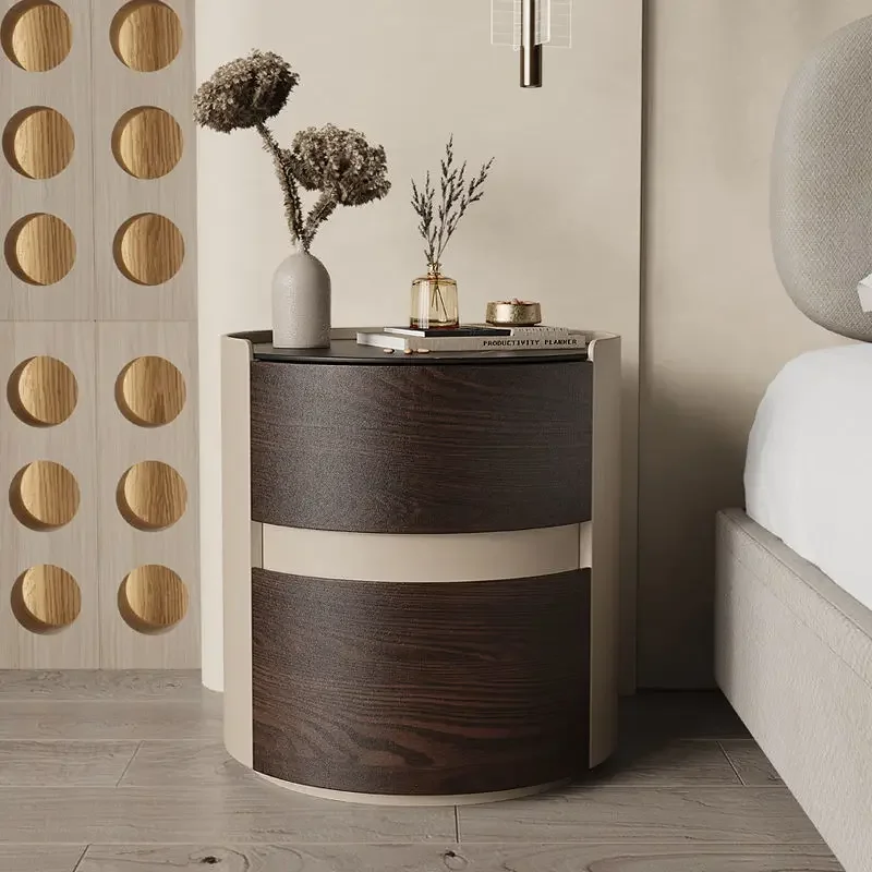 Italian style rock board bedside cabinet for storing household bedroom drawers, wireless charging, circular edge,leather bedside