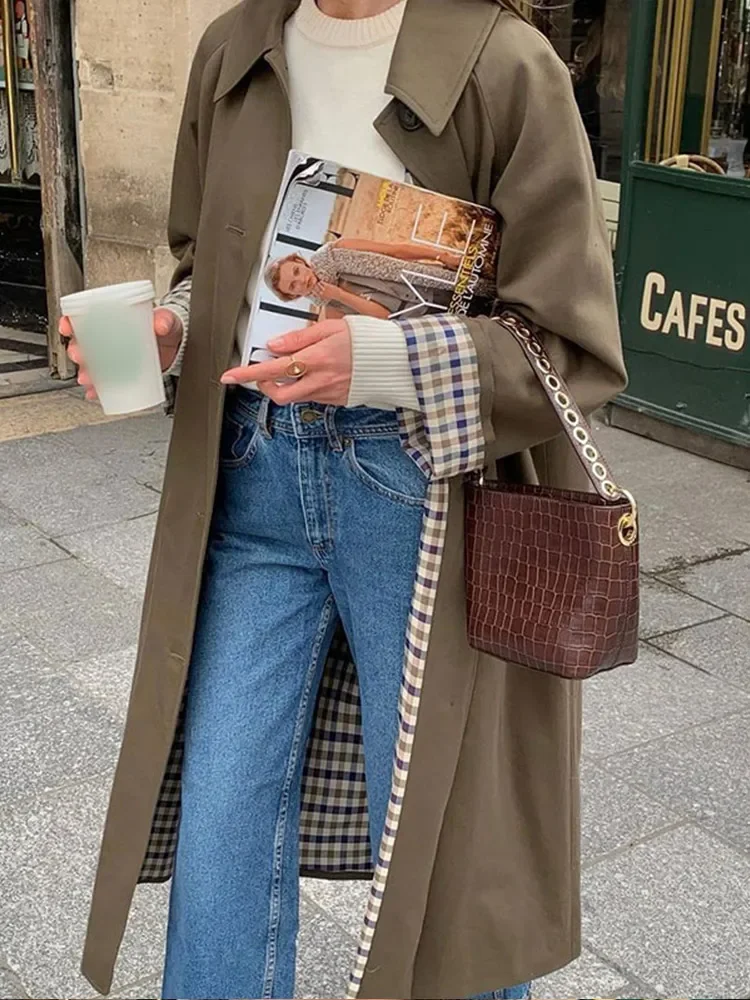 Gabardina larga de manga larga para mujer, cortavientos con solapa de un solo pecho y forro a cuadros, abrigo elegante de calle alta, Otoño, 2024