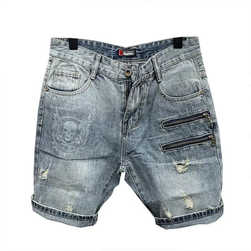 Male Denim Shorts Graphic Wih Zipper Emo Men's Short Jeans Pants Hip Hop Ripped Cut Y2k Fashion Thin Xl Rude Summer Trend 2024