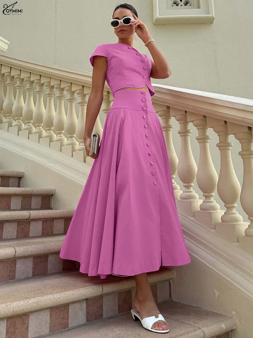 Oymimi Elegant Blue Cotton 2 Pieces Set For Woman Fashion O-Neck Short Sleeve Button Shirts And High Waist Mid-Calf Skirts Sets image 3