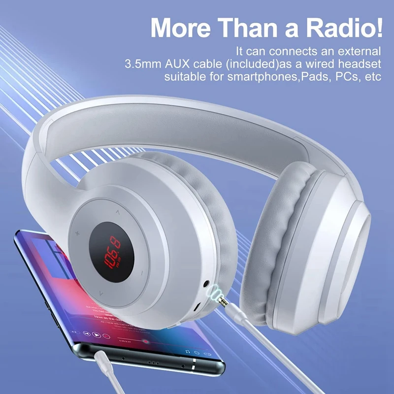 Portable FM Radio Headphones With LED Display, Soft Ear Muffs, FM Headset Radio Receiver For Meeting,Works, Hiking White