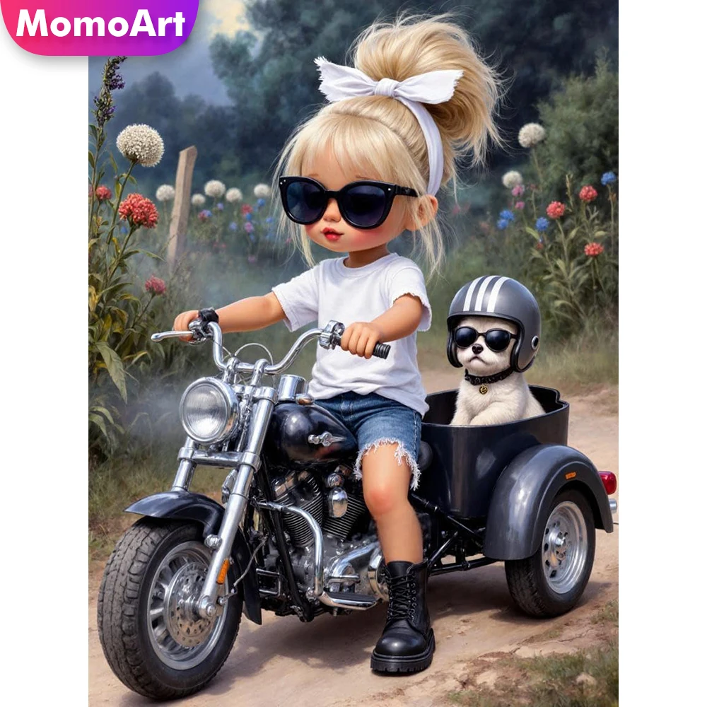 Momoart Mädchen Diamant-Mosaik Porträt Diamantmalerei Hund DIY Vollquadrat Neuheit Stickerei Motorrad Heimdekoration