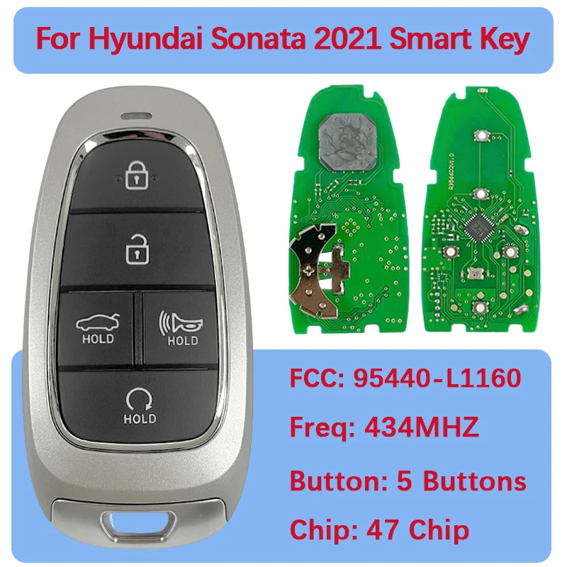 

CN020529 послепродажного обслуживания, 5 кнопок, умный бесконтактный брелок, 47 чипов, 434 МГц TQ8-FOB-4F27 95440-L1160 для Hyundai Sonata 2021