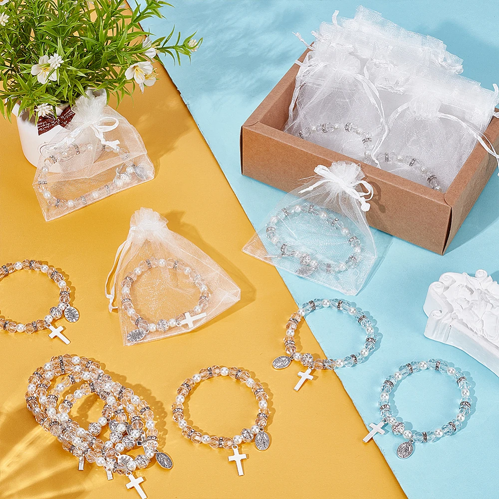 30 Sets 2.16 Inch Rosary Bracelet Bulk for Women Catholic with Mesh Bags Bead Bracelet with Crucifix Cross Baptism Favors
