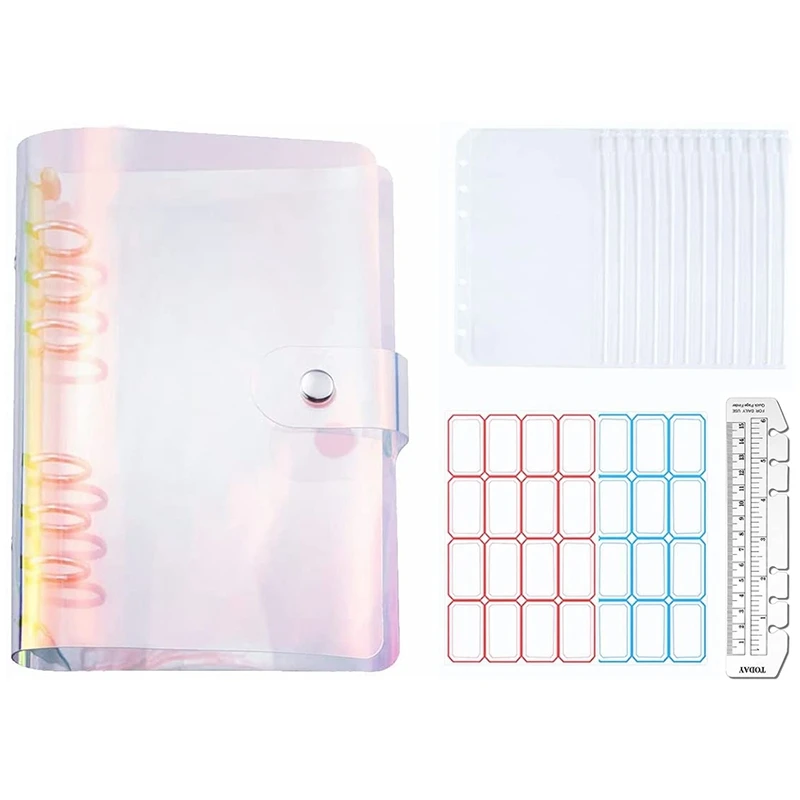 

A6 Budget Binder Cover With 12Pcs 6 Hole Cash Envelopes, Clear Loose Leaf Bags With Colorful Rainbow Binder Cover