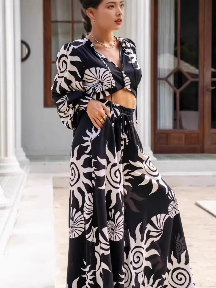 レディース ボヘミアン パラッツォパンツ ワイドレッグ ヨガ ラップタイアップ ウエストバンド ビーチカバーアップ トラウザーズ ソフトで通気性のあるルーズパンツ 2026年夏