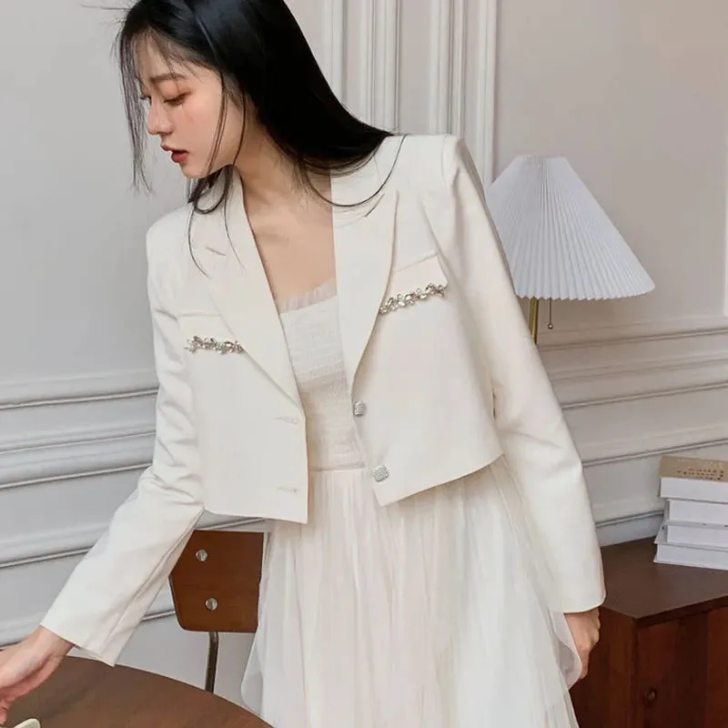 

Lucyever Fashion Crystal Decorate Women Suit Coat Korean Wild Notched Collar Cropped Blazer Woman Casual Single-Breasted Jackets