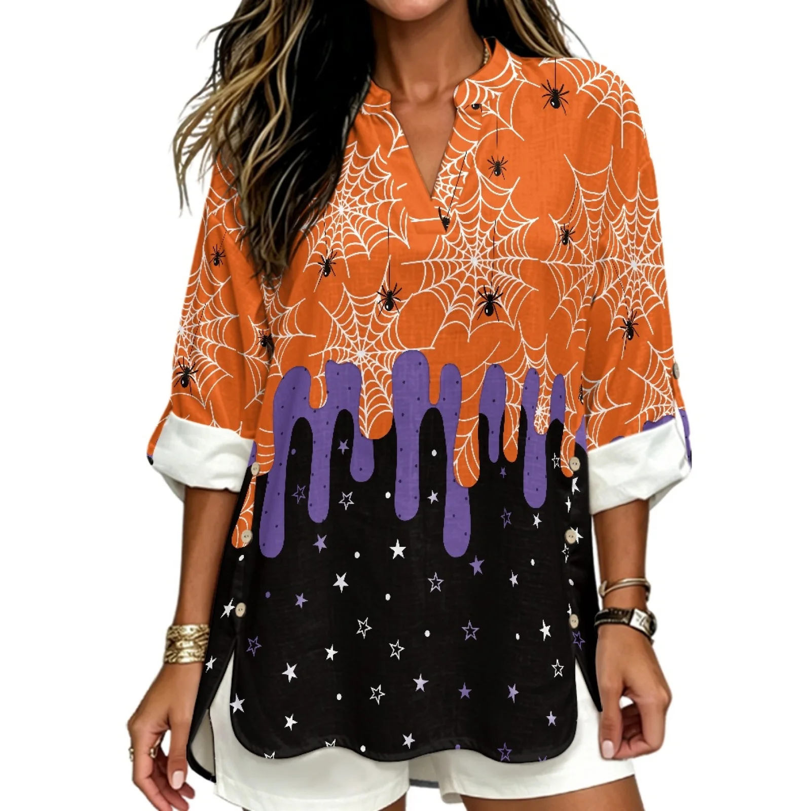 INSTANTARTS Women's Linen V-Neck Shirt Women's T-Shirts and Polos Cheap Clothes Traf  2026 Femme Roupas Feminina Soft Halloween