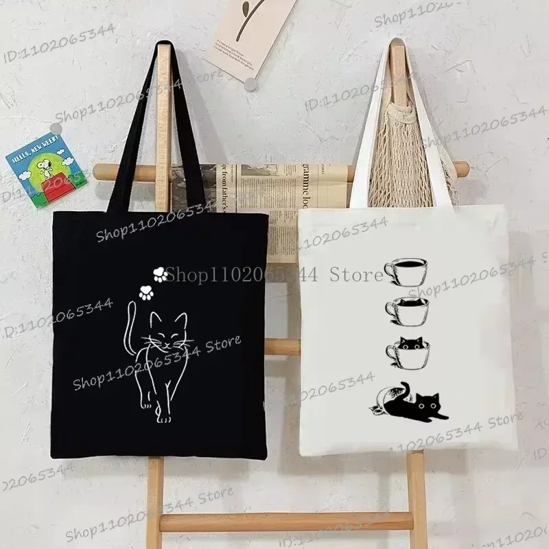 Fashion Canvas Tote Bag Cup of Black Cat Print Large Capacity Teen Shoulder Shopping Bag Cartoon Fashion Kitten Women\'s Handbags