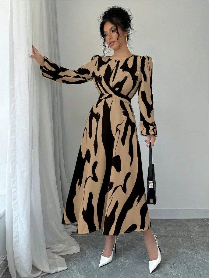 Khaki Black Abstract Wave Pattern Round Neck Long Sleeve Waist-Cinched A-Line Mid-Length Dress for Work and Parties, Elegant Dress