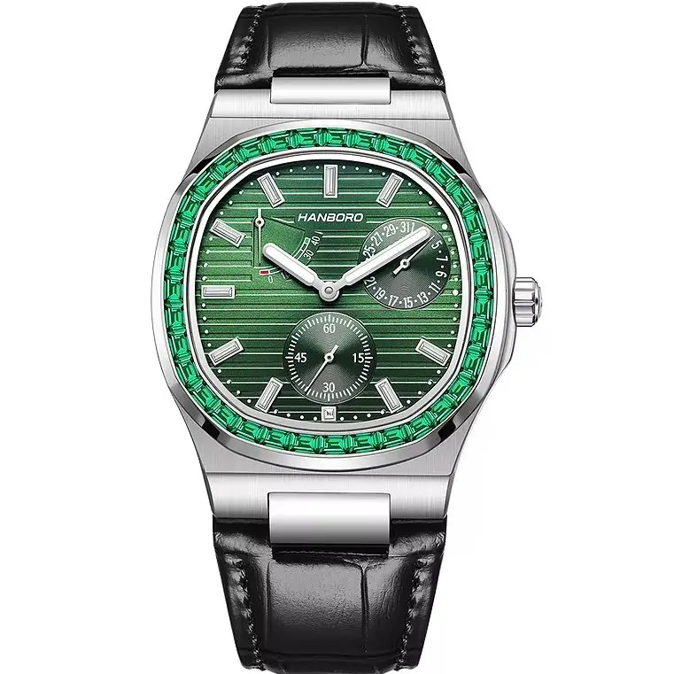 HANBORO Men Automatic Watch Square Mechanical Wristwatch Sapphire Mirror Power Reserve Indicator Date Luminous Tianjin1780