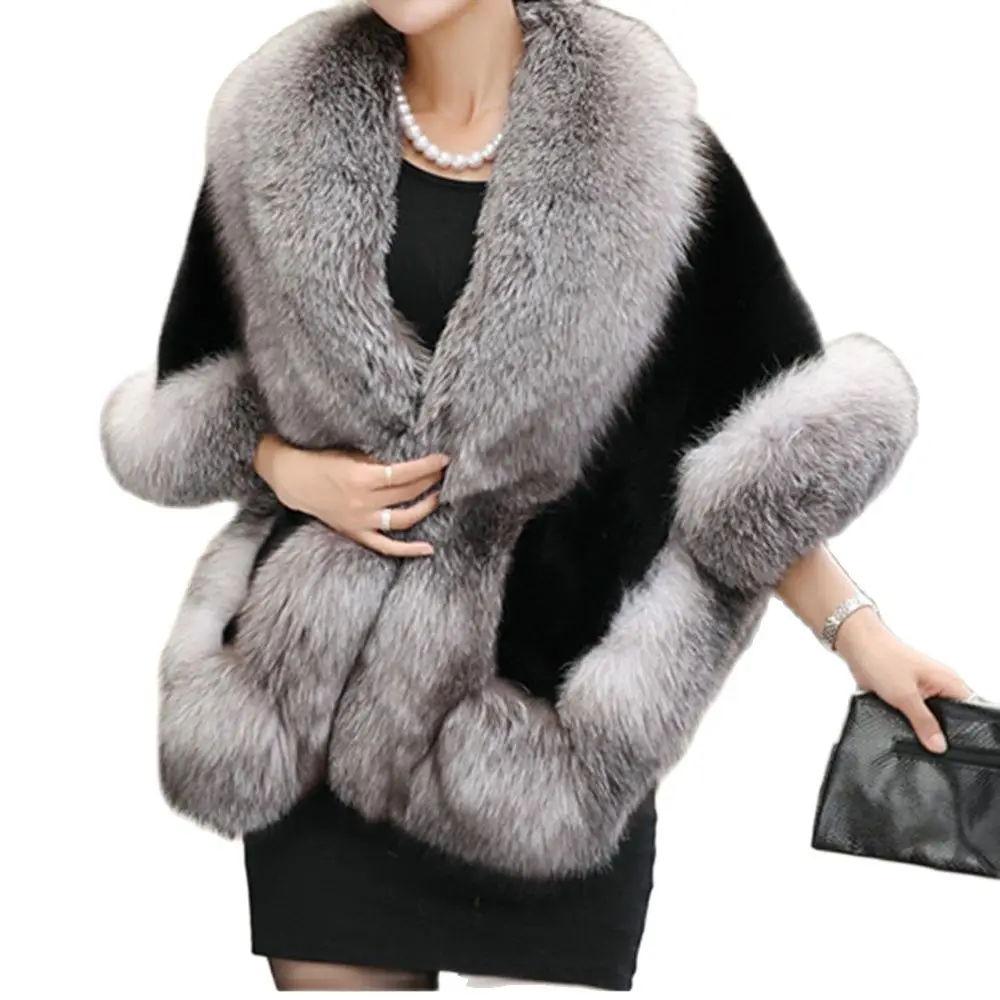 Women Fur Capes Shawl Ladies Fox  Ponchos For Winter Batwing Sleeves Thick Bridal Wedding Short Cloak Red Burgundy White Gray