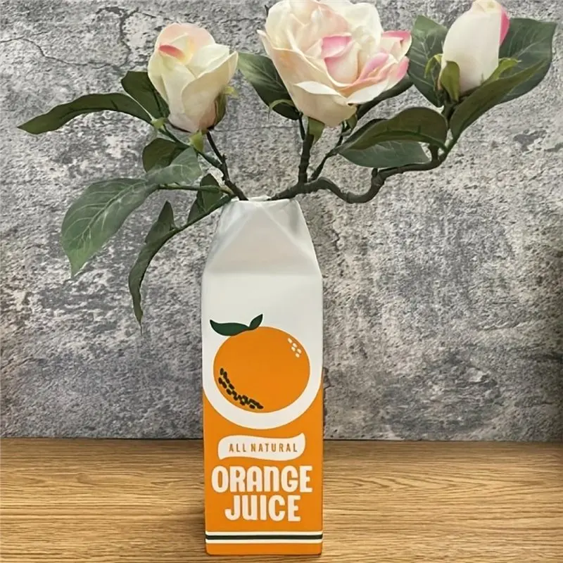 LUCKshopping Orange Juice Carton Vase, Retro Juice Carton Vase, Decorative Item, Cute Ceramic Vase, Versatile Decorative Item