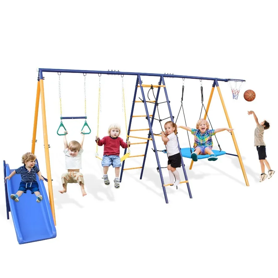 500 lbs 7 in 1 Swing Set for Backyard Outdoor AFrame HeavyDuty Metal Swing Sets with Slide 2 Swing Seats 1 Climbing Net Ladder