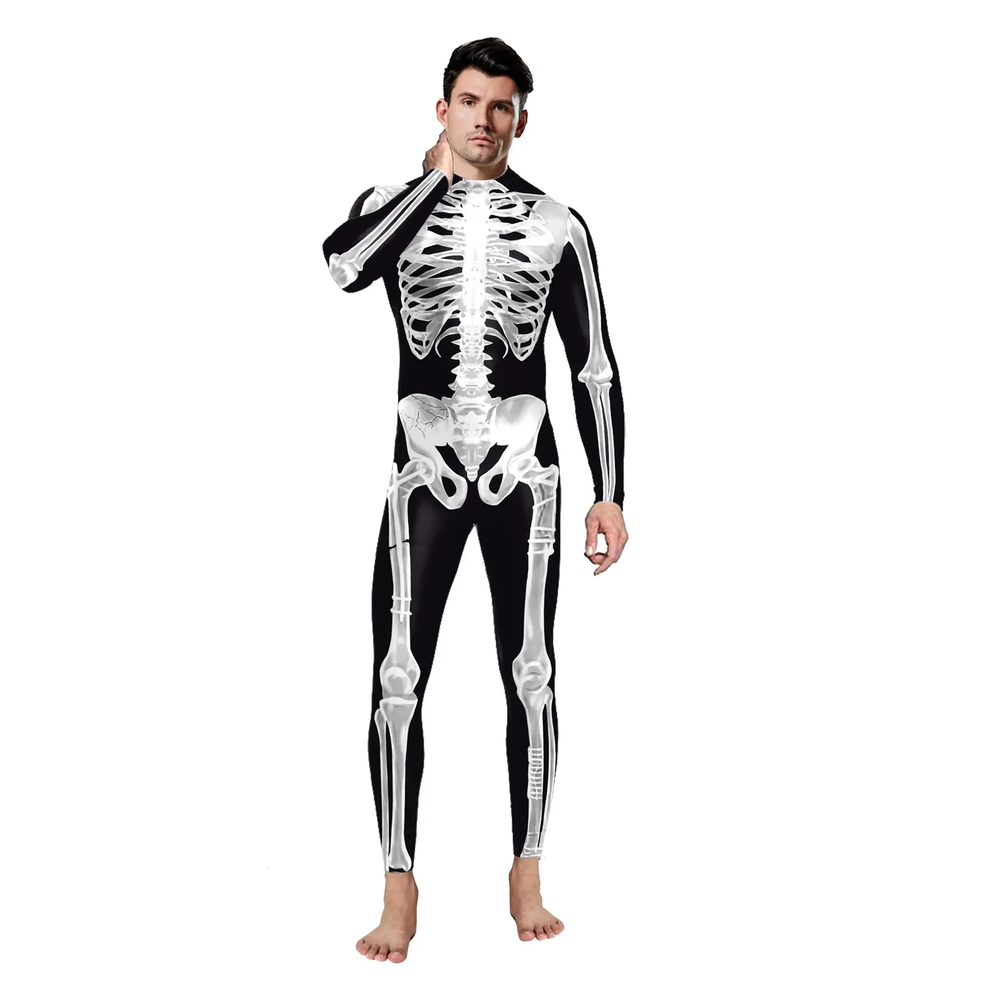 Cosplay Halloween Costume Men Skeleton Jumpsuit Zentai Suit Scary 3D Skull Carnival Fancy Dress Up Party Disguise Punk Bodysuit