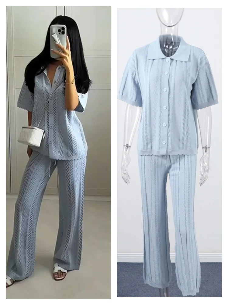 

Polo Shirt Trousers Outfits Women Short Sleeve Buttons Cardigan Lace Up Straight Pants Female 2025 Summer Autumn Two Piece Sets