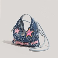 Spice Girl pink five-pointed star patch design raw denim crossbody bag